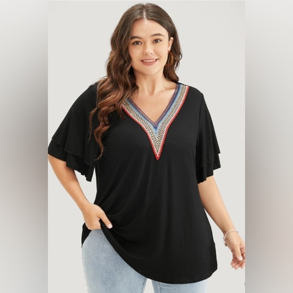 Black V-Neck Embroidered Women's Top size 4XL - Picture 1 of 5